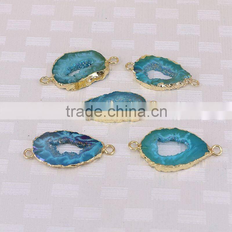 Titanium AB Blue Agate Slice Beads, Gold plated Agate Geode Gem stone Connector Druzy Beads For Jewelry Making
