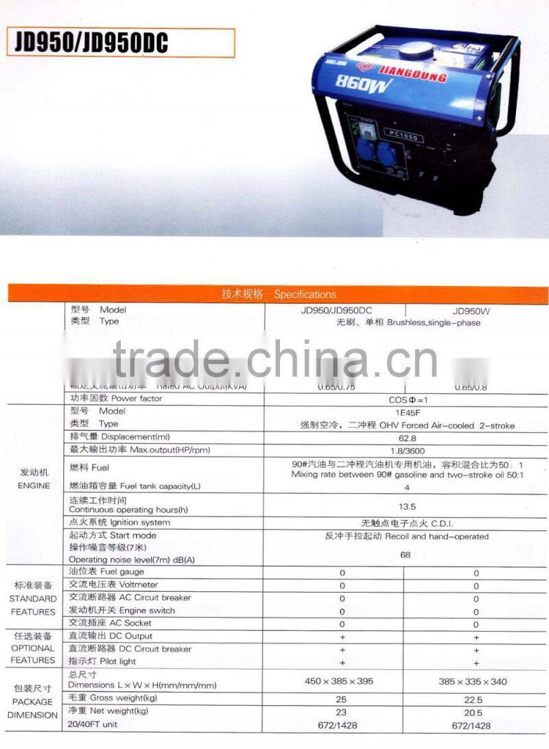 Brushless single-phase 0.65kw/1.8hp gasoline engine generator 2-stroke