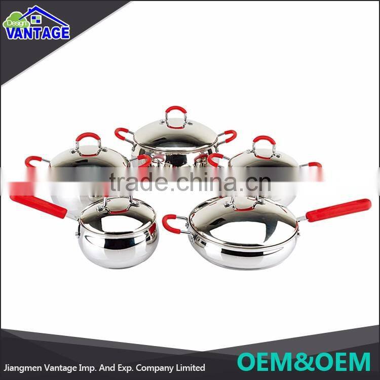 Eco-friendly 10 pcs surgical steel cookware sets with silicone handle and knob