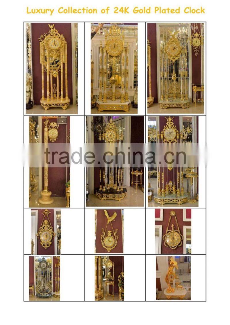 Royal Brass and Crystal Decorated Art Table Clock, Luxury Design 24K Gold Plated Table Clock, Empire Gold Gilt Table Clock