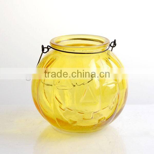 halloween theme pumpkin glass candle holder with handle