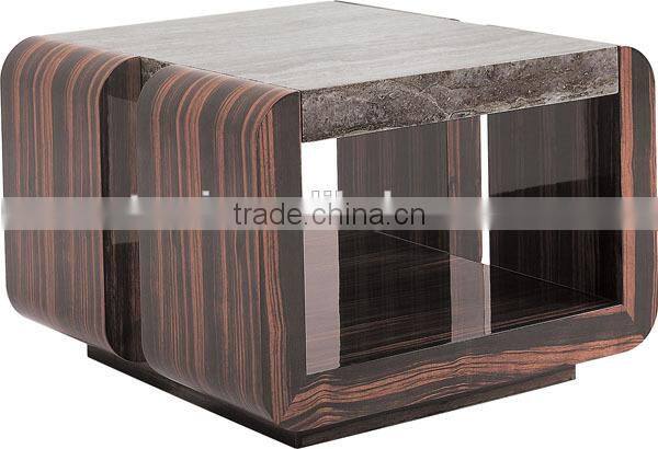 Wooden base travertine top side table with ebony base
