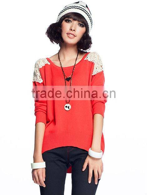 OEM ladies fashion O-neck lace mixed woman kint sweater