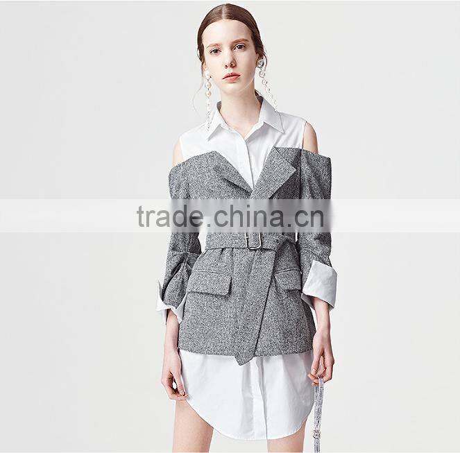 2017 new design cold shoulder long sleeve fake 2 piece shirt