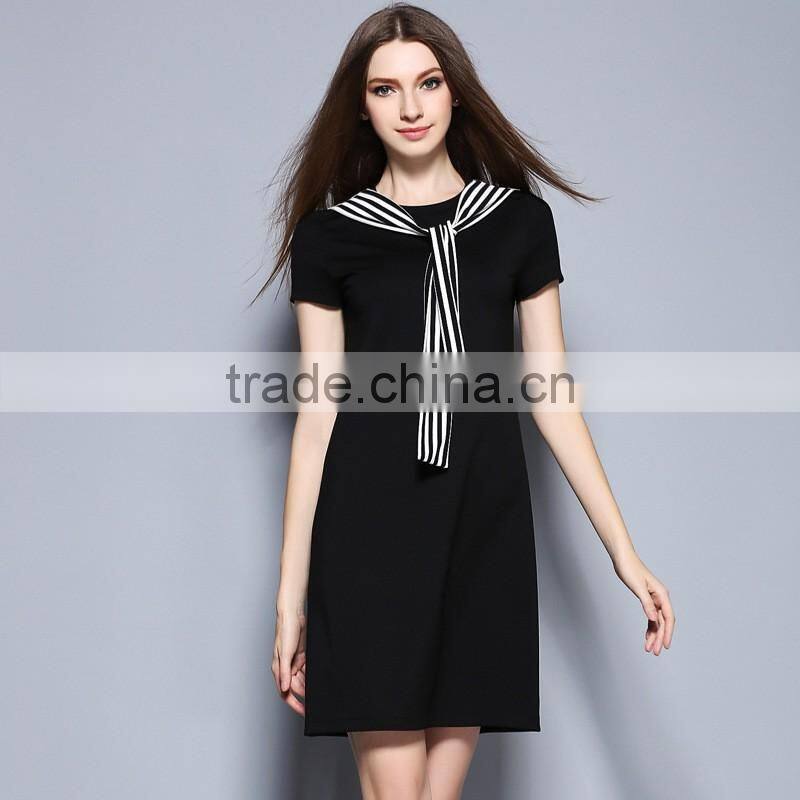 Fashion apparel short sleeve fake sailor dress plain black a-line skirt