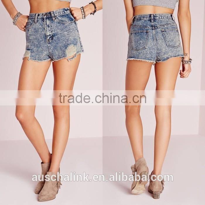 women ripped hem high waisted denim shorts wholesale