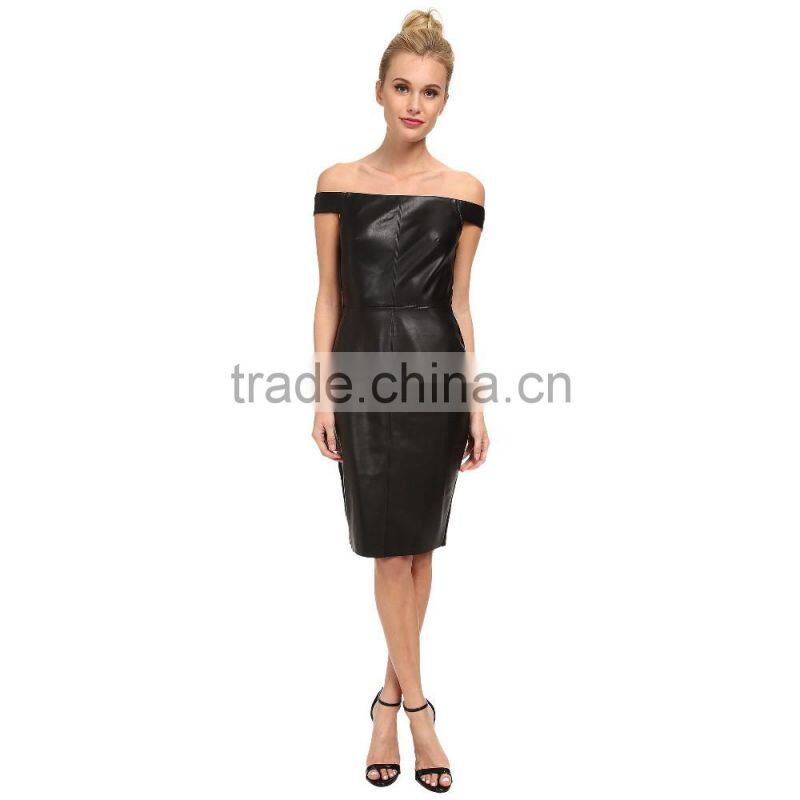 black slim off shoulder women summer dress with leather fabric