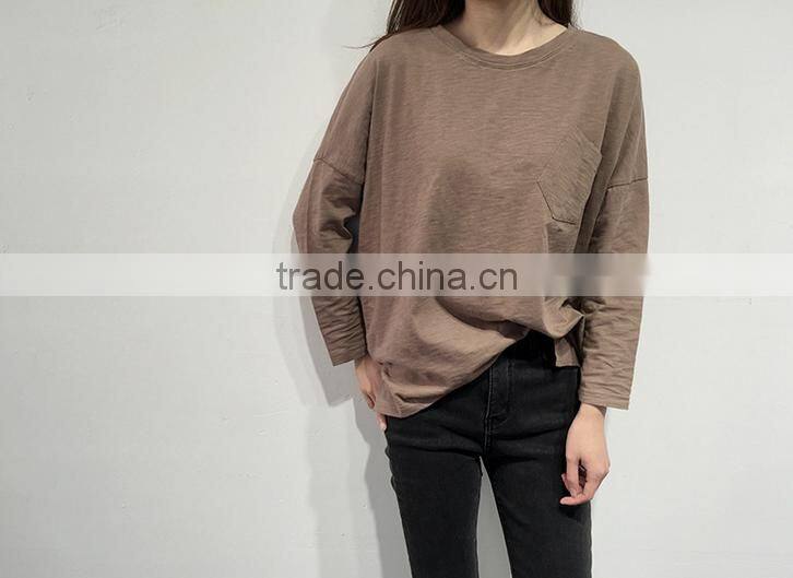 2016 new fashion long sleeve casual women t-shirt with pocket wholesale