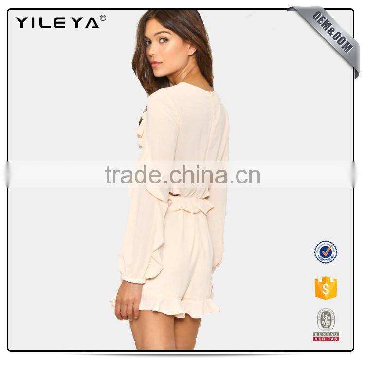 2017new collection short jumpsuit ruffles with fringed edges narrow flat banded neck and raglan sleeve