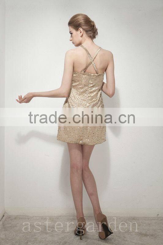 spring new design A-line V-neck short/mini sequined evening dress lace party gowns