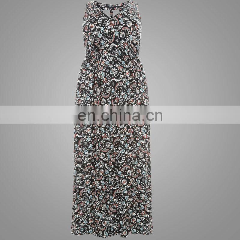 Plus size black floral print cut out back women elegant maxi dress sleeveless fancy black long maxi dress
