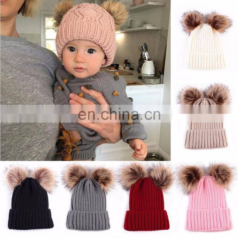 Dual Ball Knitted Baby Caps Boys Girls Toddler Crochet Beanie Hairball Ear Baby Hat Cute Children Caps