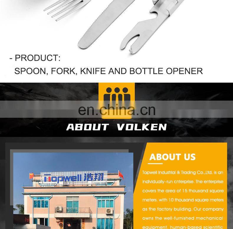 High Quality Outdoor Stainless Steel Camping Tableware 4 in 1 Portable Bottle Opener with Knife, Fork and Spoon