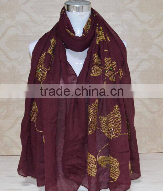 New Style Sequin Leaf Pattern Cotton Fashion Woman Embroidered Shawls