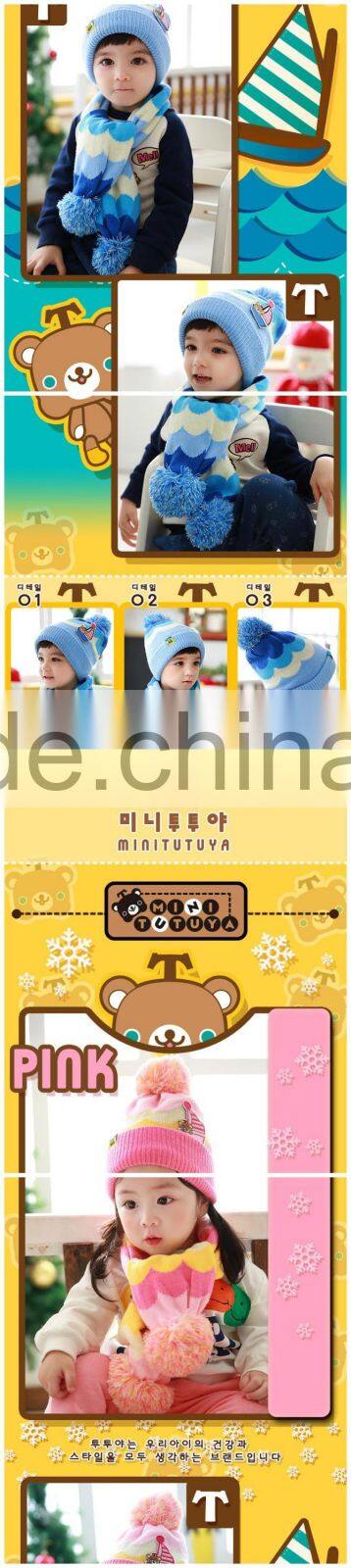 Fashion Brand New Sailing Boat Applique Knitted Pom Pom Children Wool Hat and Scarf