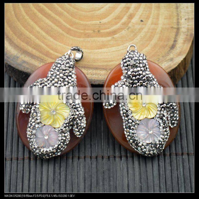 LFD-0045P ~ Wholesale Beautiful Red Agate Druzy Stone Pendants , Pave Rhinestone Crystal Shell Flowers Charms Pendant Jewelry