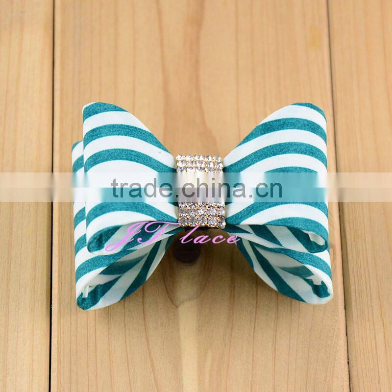 Vertical stripes hair bow - rhinestone hair bow - ribbon hair bow button centre