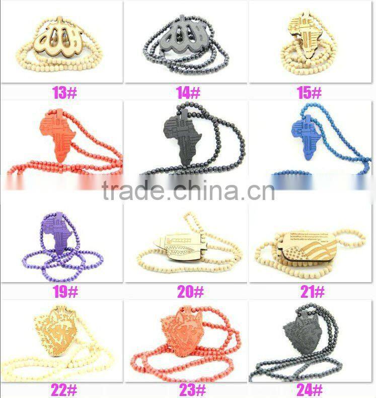 Hip Hop Face Wooden Beaded Pendant 36" Chain Necklace