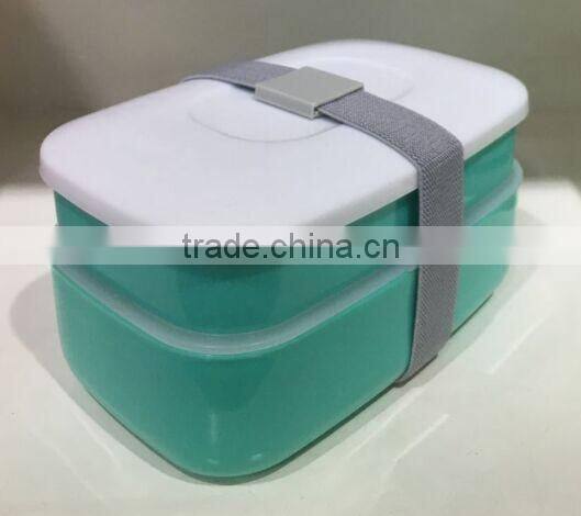 2016 Microwave Safe Double Layer Plastic Kid Bento Box with Band 2 compartmentPlastic Lunch box with Cutlery Set