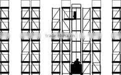 Very narrow aisle pallet shelf with forklift storage way