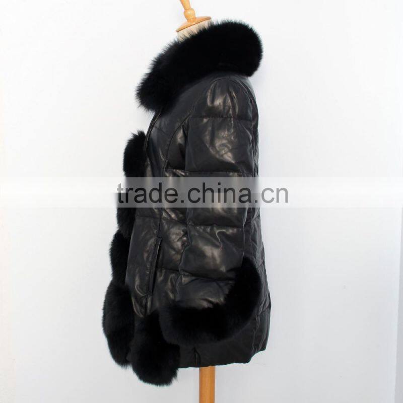 popular fashion ladies natural leather coat with fox fur trim