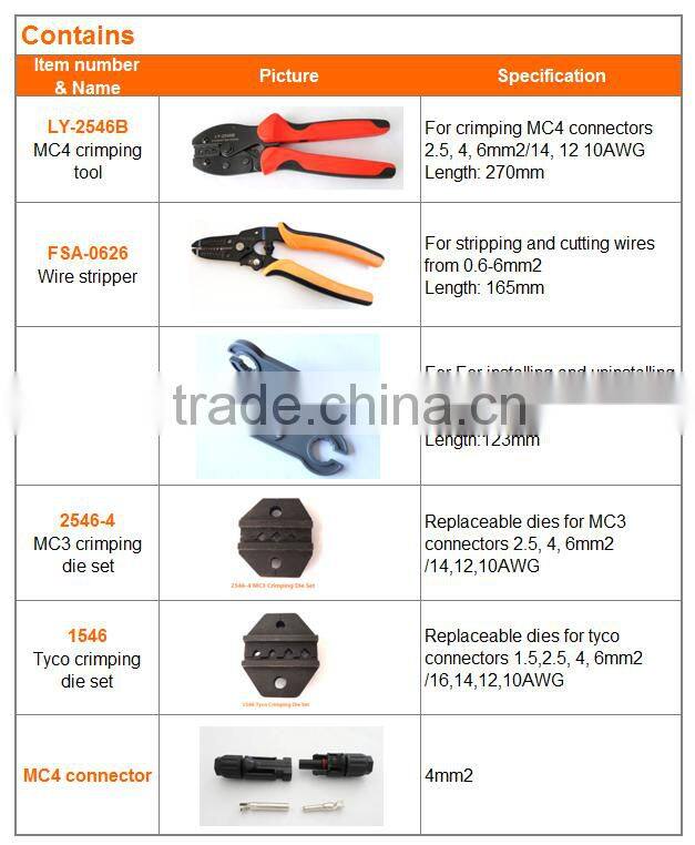 LY-K2546B-5 multi tool set contains crimping tool cable stripper MC4 connector MC3/TYCO dies MC4 spanner hand tool set