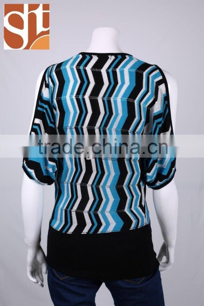 Creative products womens' V neck dolman sleeve loose pullover knitted sweater with stripes &pointell