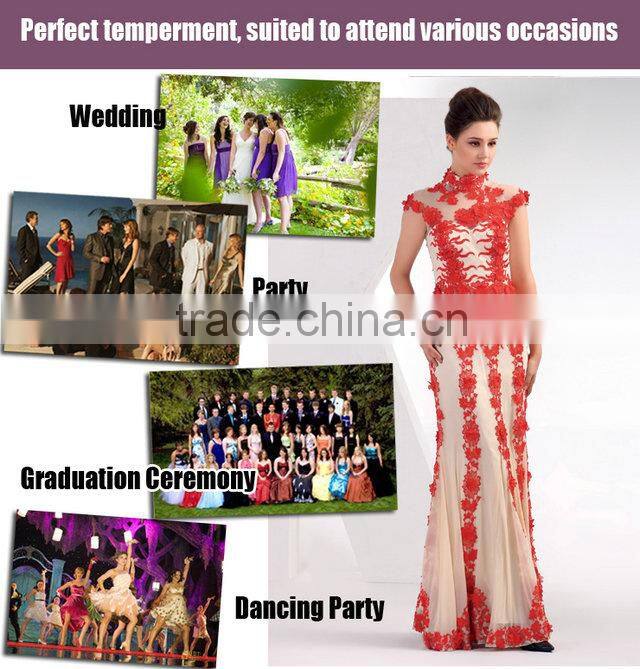 Elegant embroidery high neck cap sleeve tulle long red evening dress