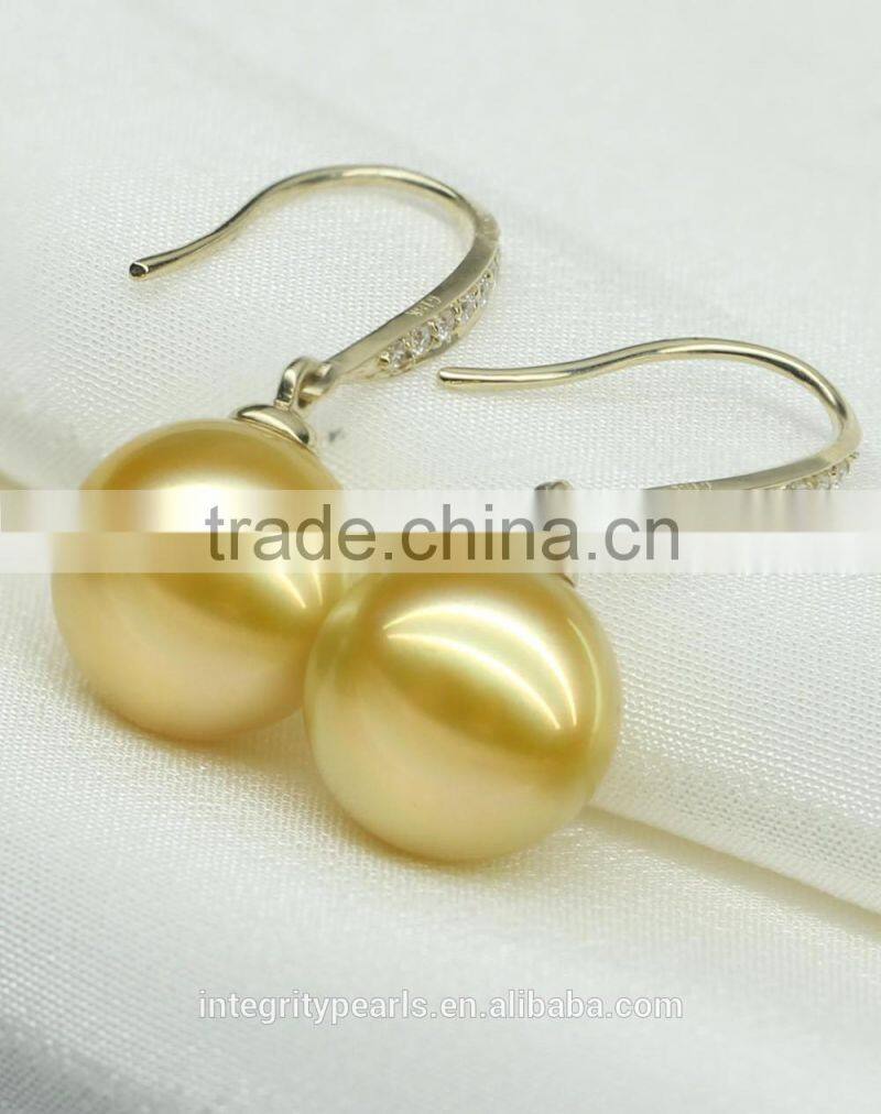 AAA perfect round 10-11mm south sea golden pearl earring