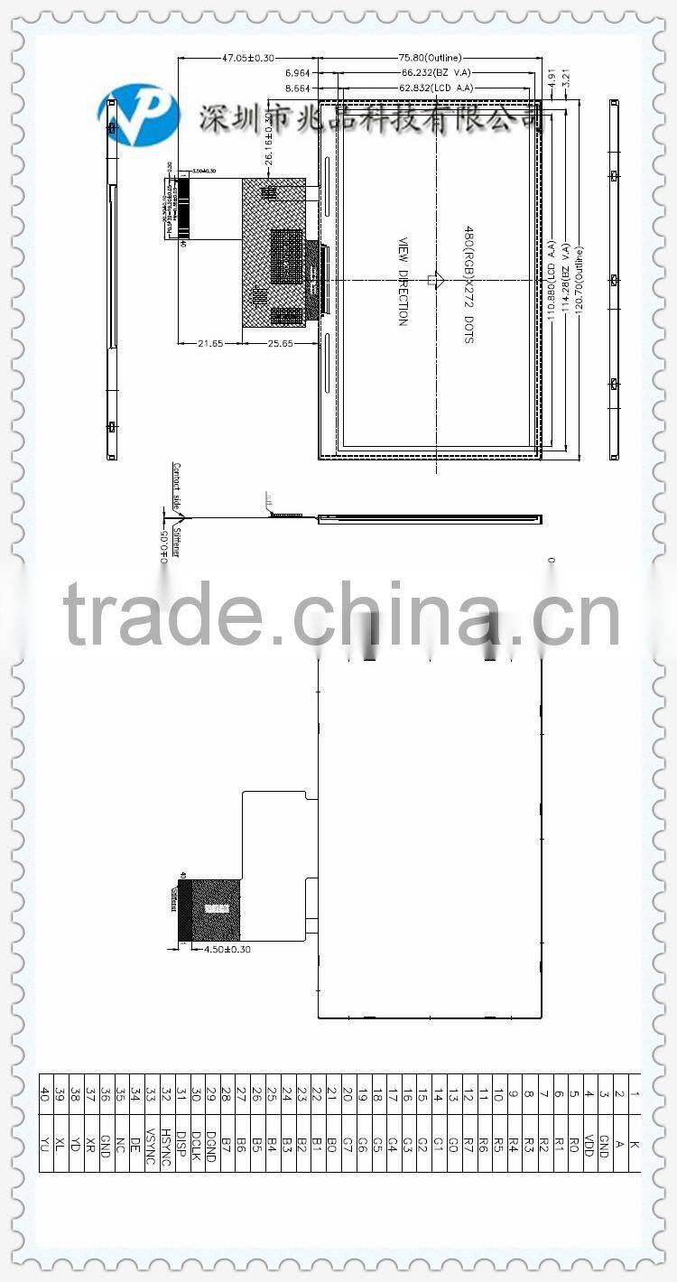 40-pin rgb interface 5 inch color lcd 480*272