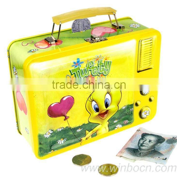 TV shape kids Tin Coin Bank with handle and lock
