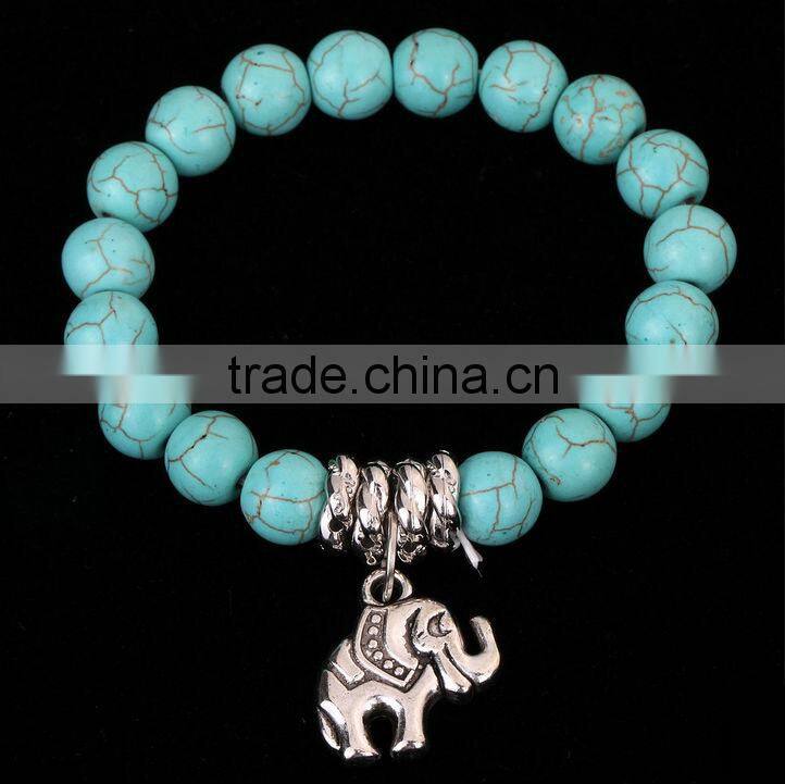 New Elegant Jewelry Tibetan Silver Bangle Turquoise Beads Dangle Elephant Bracelet