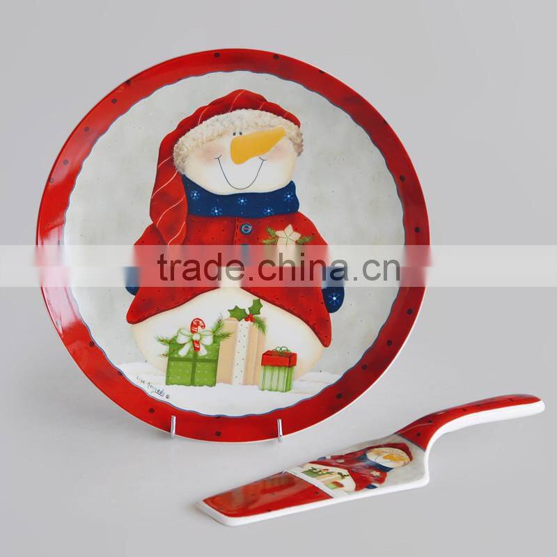 12" porcelain cake plate with server,ceramic plate with server,porcelain Christmas plate