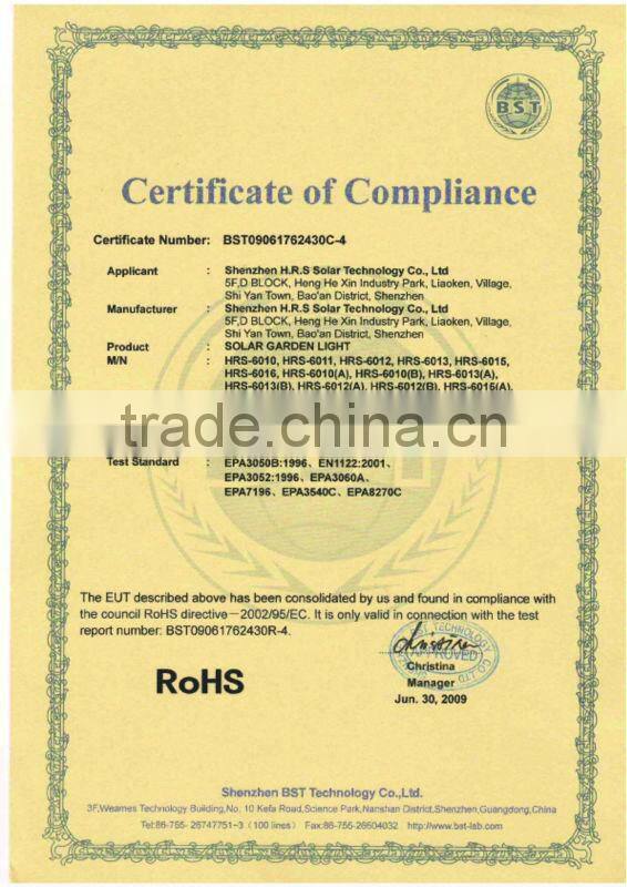 HRS-6011 CE and ROHS,color changing garden solar light, outdoor garden light