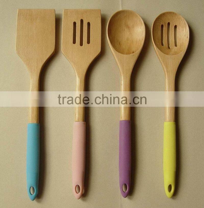 Wood Utensils 3-Pieces Set, Made of Beech wwod with Silicone sleeve Handle