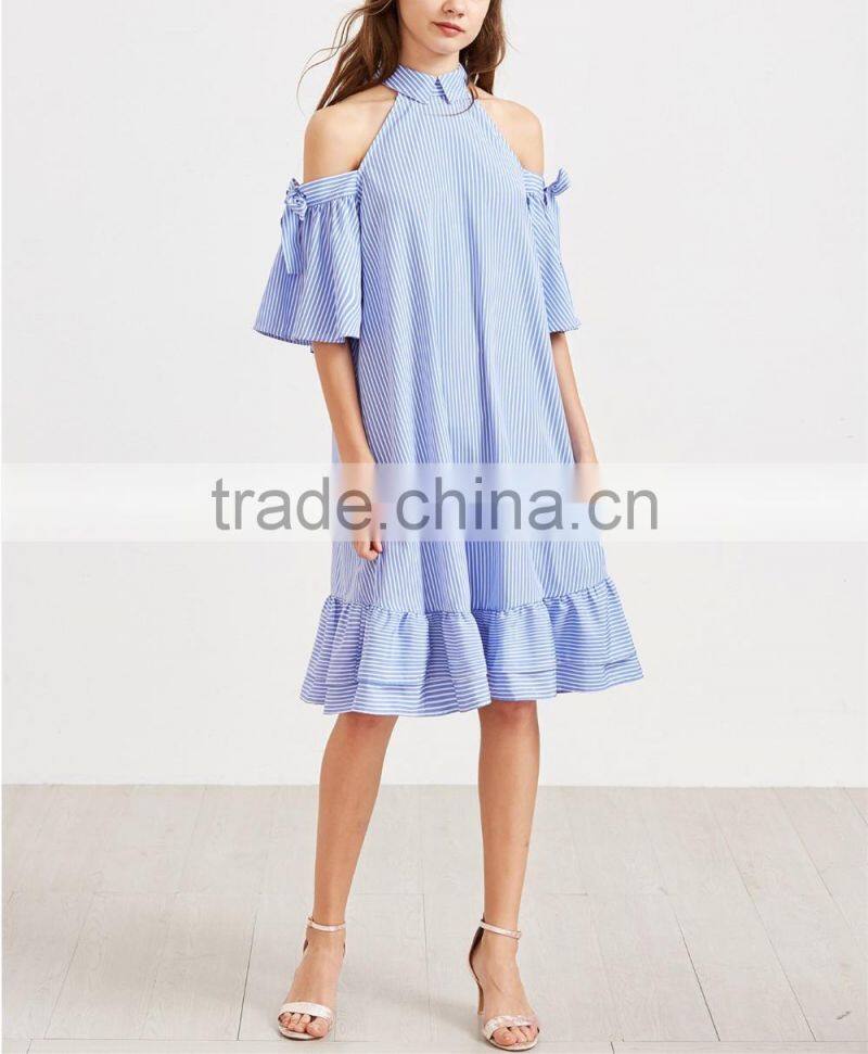 Guangzhou Clothing OEM Tie Sleeve Ruffle Hem Dress Pictures Of Latest Fashion Styles