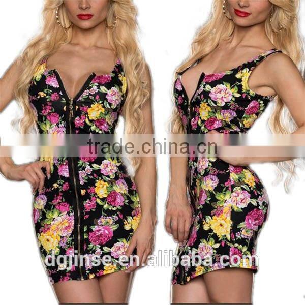 Floral Women Sexy Party Dress Sleeveless Slim Zipper Cocktail Bodycon Mini Dress