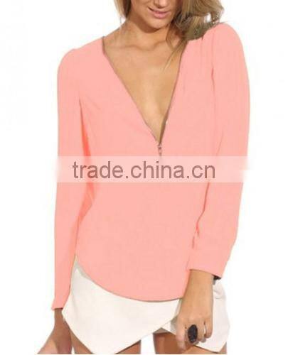 2016 New Fashion Women Autumn Sexy Long Sleeve Zipper Chiffon Blouse