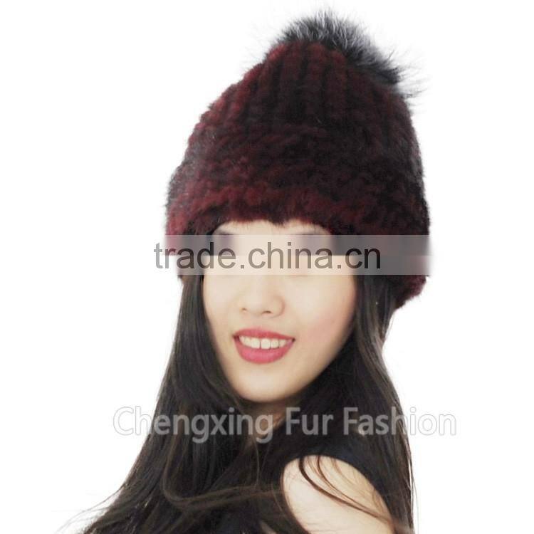 CX-C-239K Cute Style Mixed Color Knitted Cross Grain Real Mink Fur Warm Hats With Fox Fur Pom Pom
