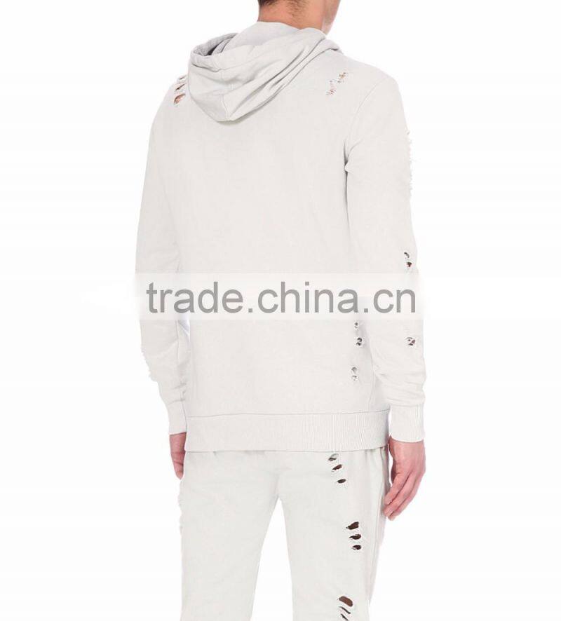 Vintage Custom Distressed Hoodies Cut Hole Men Tops 100% Cotton French Terry Long Sleeve Pocket Hoodies For Men