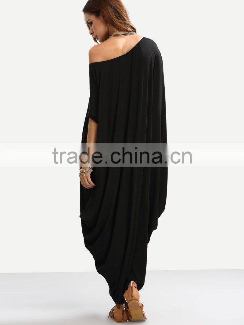 Black One Shoulder Dolman Sleeve Maxi Dress 100% Cotton Casual Batwing Sleeve Shift T Shirt Dress