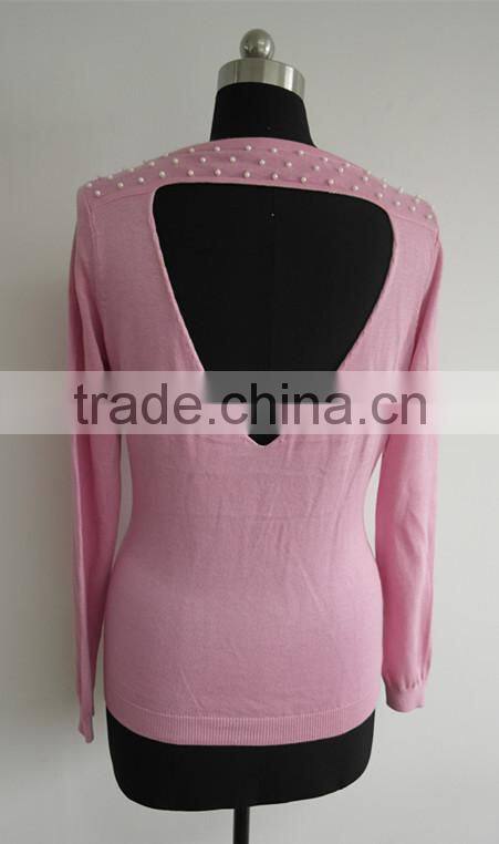 Ladies Fashion bead round neck backless costume sweater