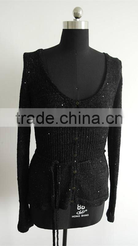 Ladies black sequins yarn knit cardigan sweater factory