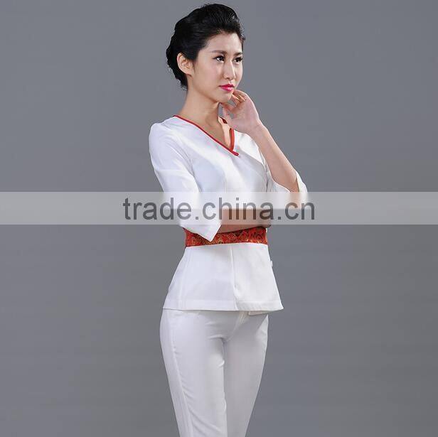 custom fashion slim fit latest design spa shop staff workwears uniforms for women