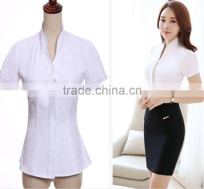 2017 korean design pure color short sleeve polyester & cotton mix ladies tops fashion women blouse