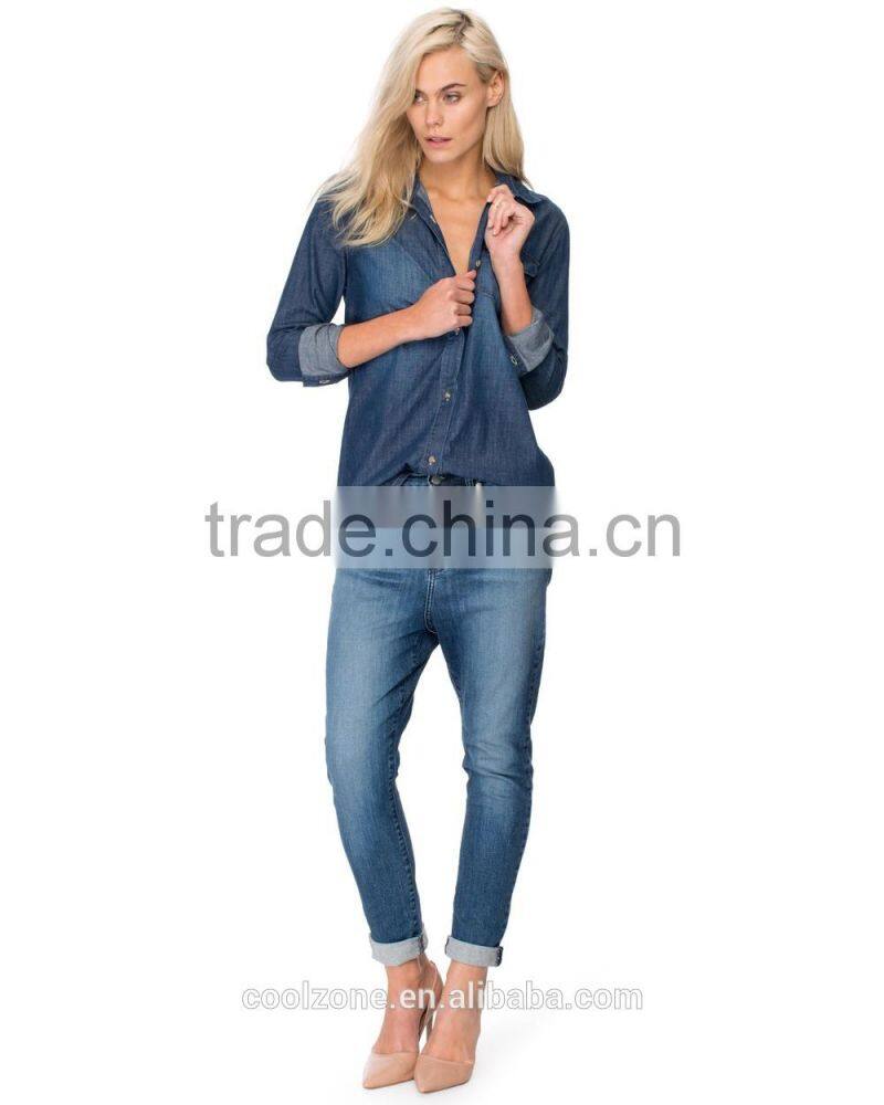 Contrast topstitch relaxed fit denim shirt women chest pocket denim shirt