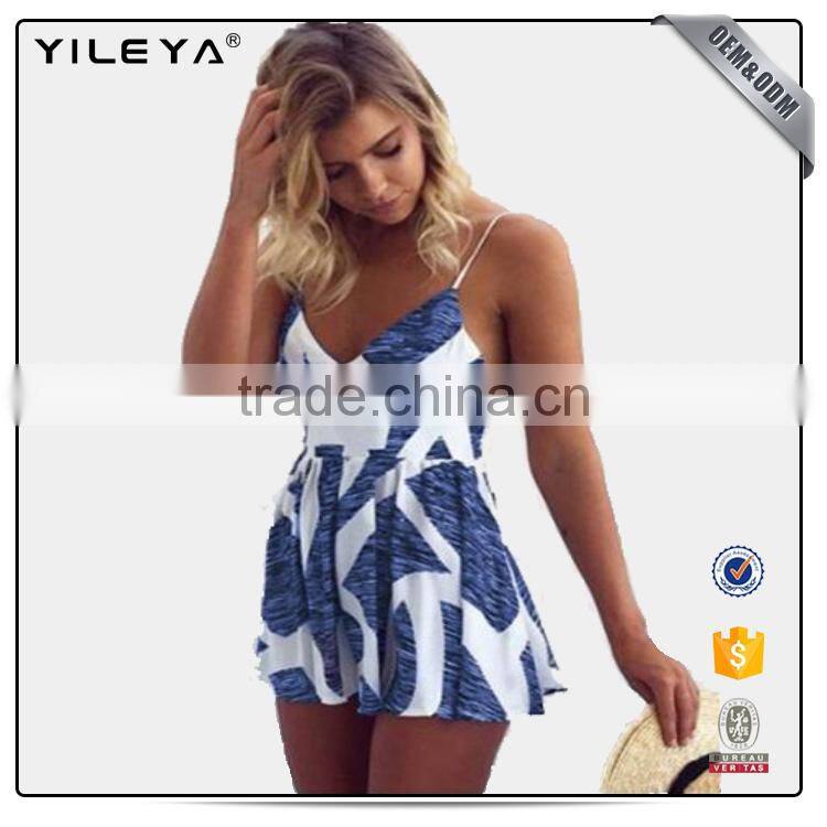 Fashion Design Pinstripe Spaghetti Strap V Neck jumpsuit Button Front Tie Waist Short Romper