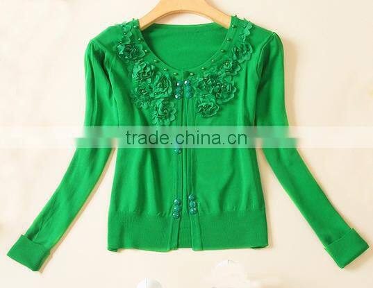 2014 hot sell wholesale high quality cotton v-neck long sleeve beaded cardigan for women