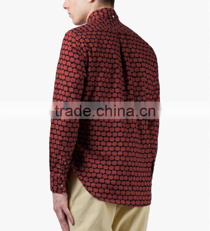 new design cheap Navy/Red Apple Print Vintage Button Down Shirt