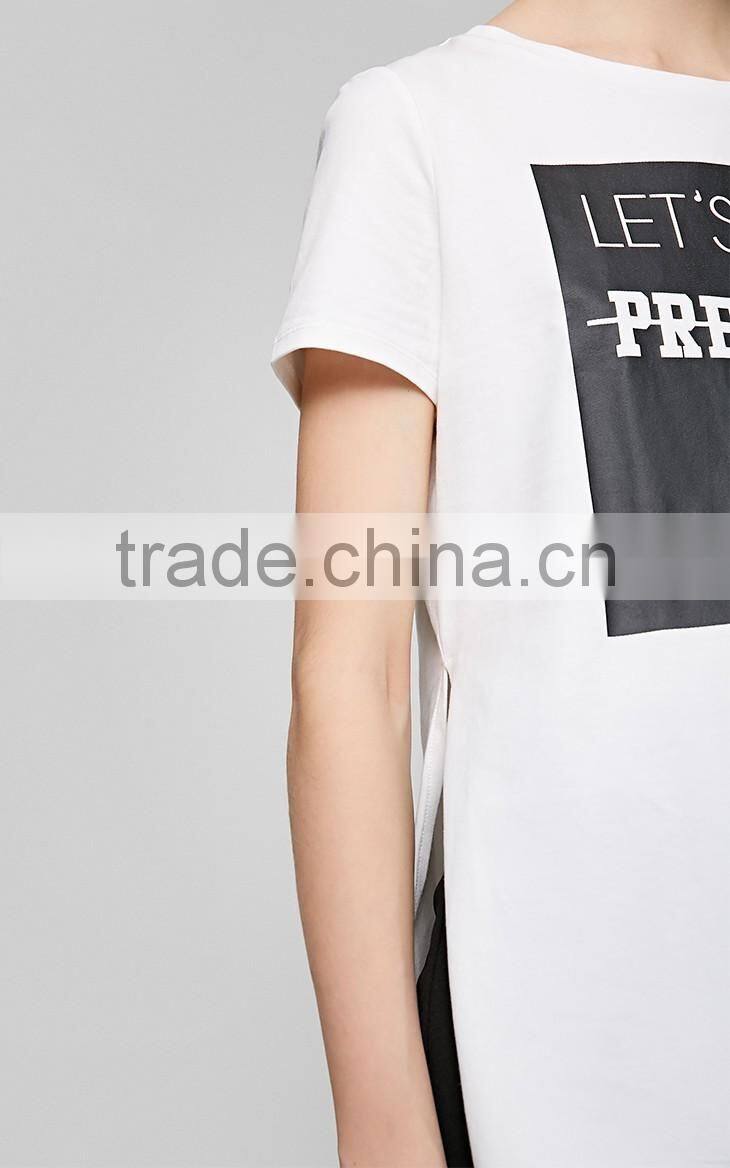 Women's English pattern high quality cotton long printing casual t shirt with high split sides